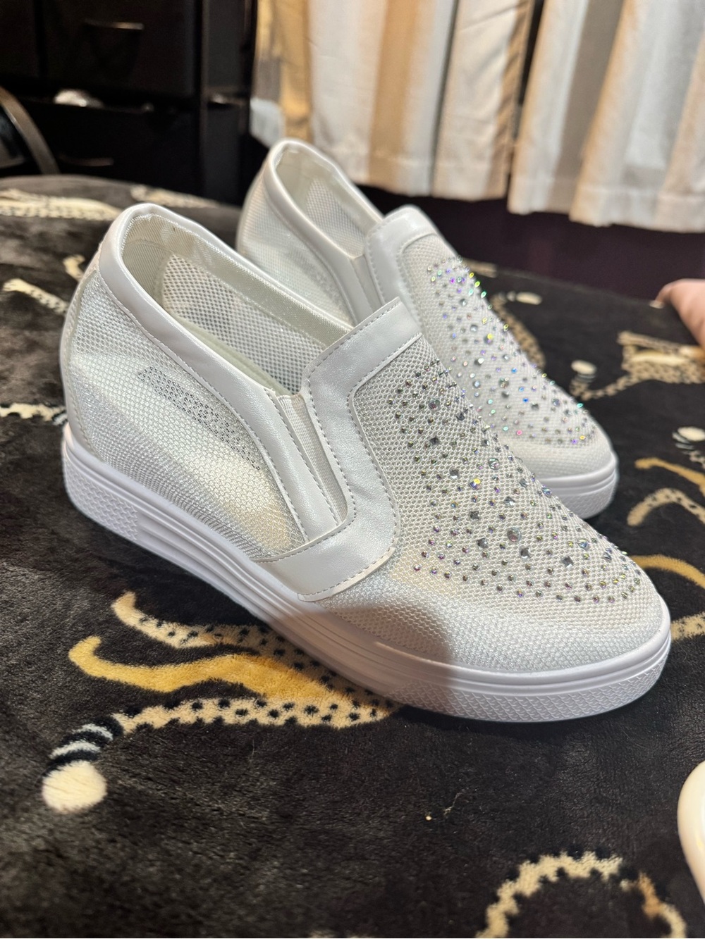 White Slip-On Wedge Sneakers with Crystal Accents